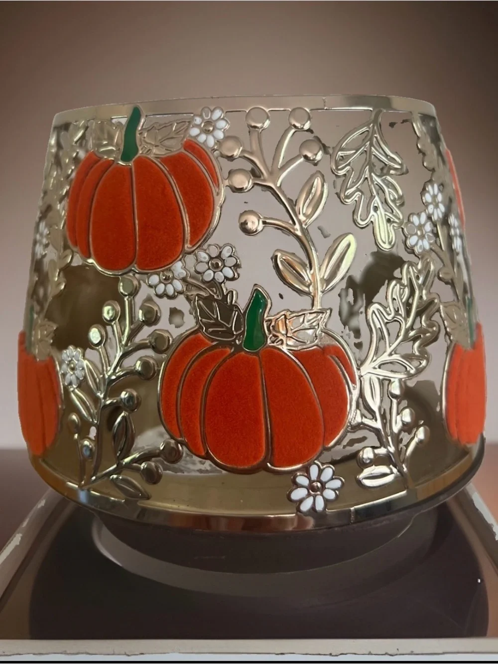 Bath Body Works Gold Metal Flocked Orange Pumpkin Candle Holder 3-Wick NWT